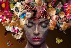 Schilderijen-Ter Halle Glasschilderij Dame met bloemen en glitters 080120-432