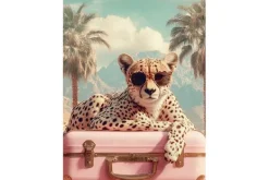 Schilderijen-Ter Halle Glasschilderij Panter met Roze Koffer 080120-1154