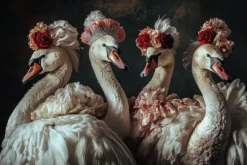 Schilderijen-Ter Halle Glasschilderij Zwanen met bloemenhoedjes 080120BS-683